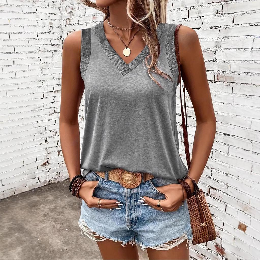 Damska kamizelka casual na wiosnę/lato 2026, z dekoltem w serek, bez rękawów, gładka