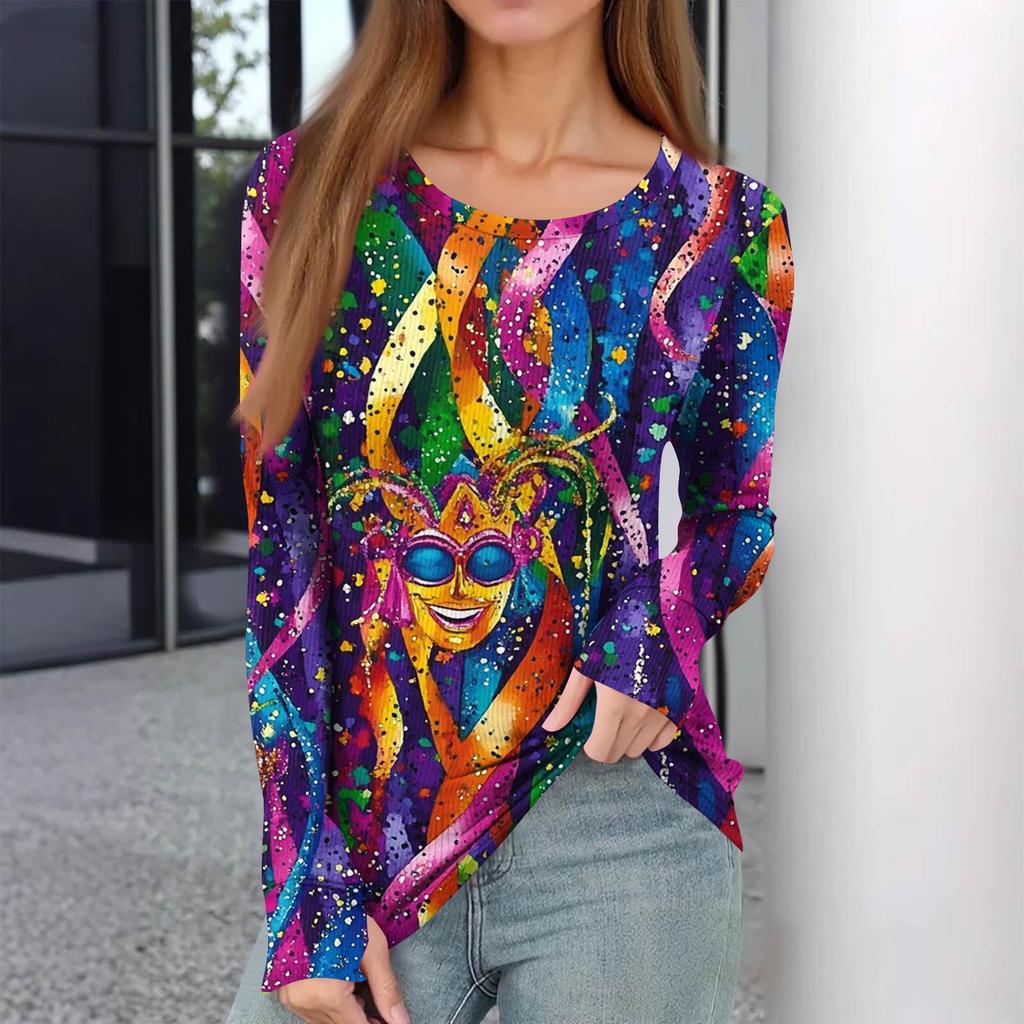 Damen Winter Slim Bottom T-Shirt Mode Casual Druck Rundhals Pullover Langarm Oberteil