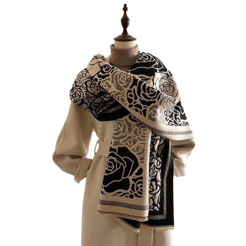Imitation Cashmere Scarf Women'S Camellia Versatile Scarf Long Thickened Warm Shawl Live Broadcast