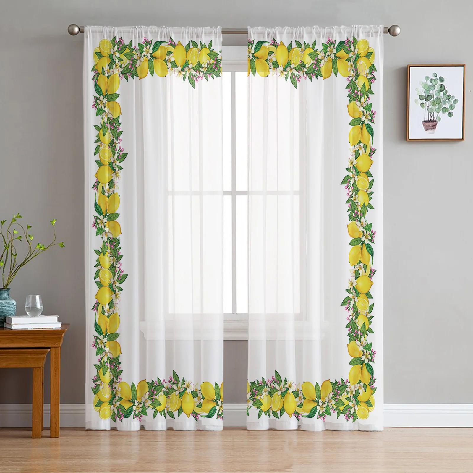 

Idyllic Summer Lemon Fruit Plaid Translucent Drapes ideal for Living Room Decoration Window Opening Drape Kitchen Area Tulle Voile Organza Curtains W135 x H115cm x1&Grommet Top