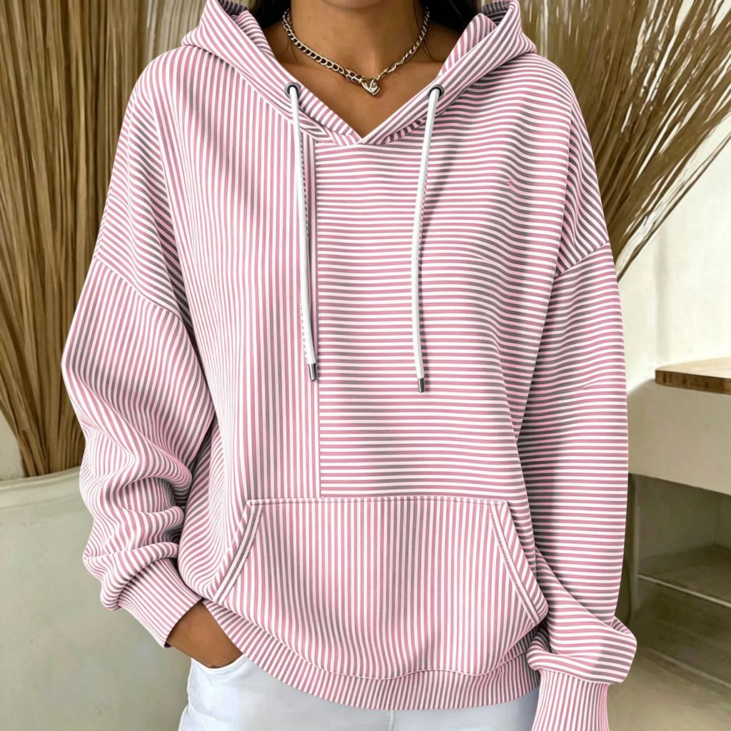 Women's Loose Fit Hooded Striped Long Sleeve Pullover with Pockets