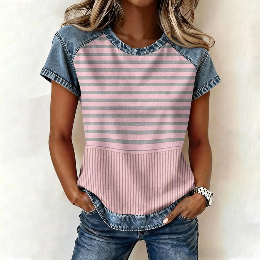 Top da Donna Casual a Manica Corta Patchwork Stampato Girocollo Vestibilità Larga T-shirt Blusa con Cuciture Stile Denim per Uso Quotidiano