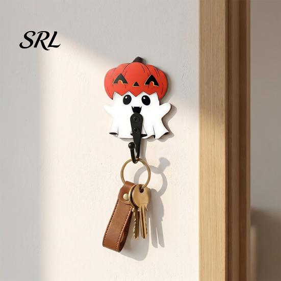 Small Bag Hanger for Bathroom Halloween Themed Wall Hook, Decorative Ghost Pattern Key Hanger, Self Adhesive Masks Backing Wood Base Hook Entryway
