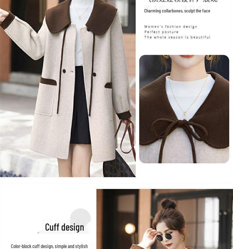 Versatile Color-Block Doll Collar Wool Coat: Korean Style, Mid-Length, Age-Reducing, Petite Loose Fit for Women (Autumn/Winter)