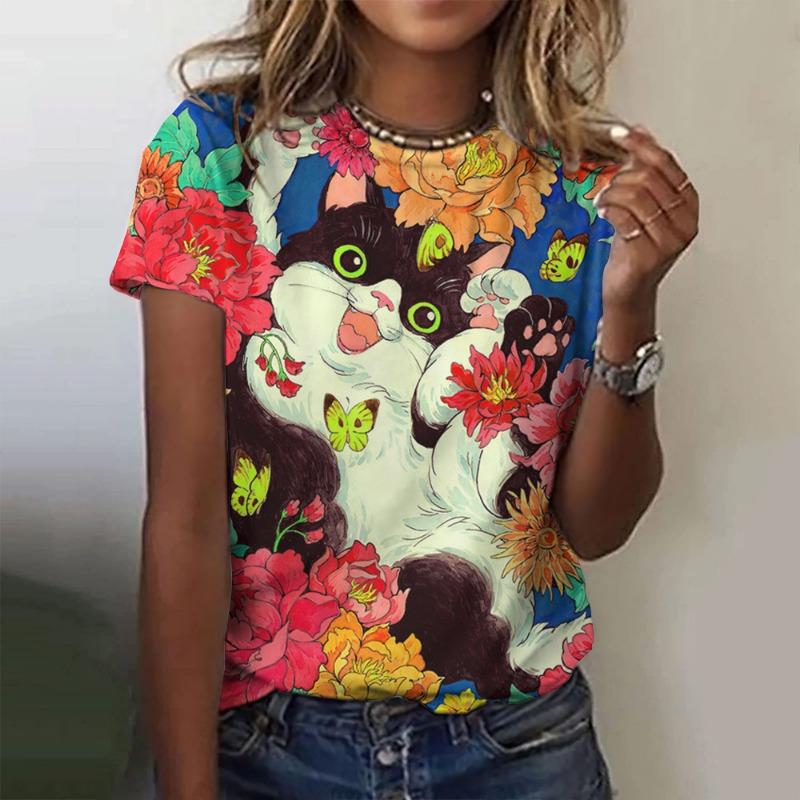 Summer Kitten Pattern 3D Printed Loose Casual Round Neck Short Sleeved T-Shirts Women’s