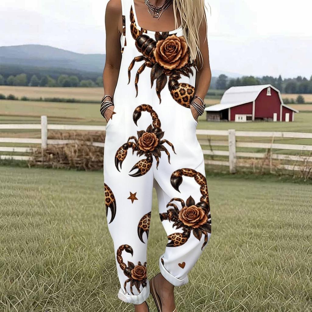 Women Plus Size Sleeveless Strap Jumpsuit White Leopard Football Helmet Print Loose Overalls With Pockets