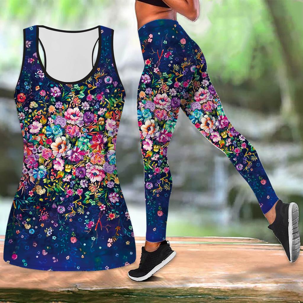 Černobílý jógový outfit s potiskem poloviny růže pro ženy Módní cvičební legíny Fitness Sportovní ležérní jógová souprava Sportovní oblek