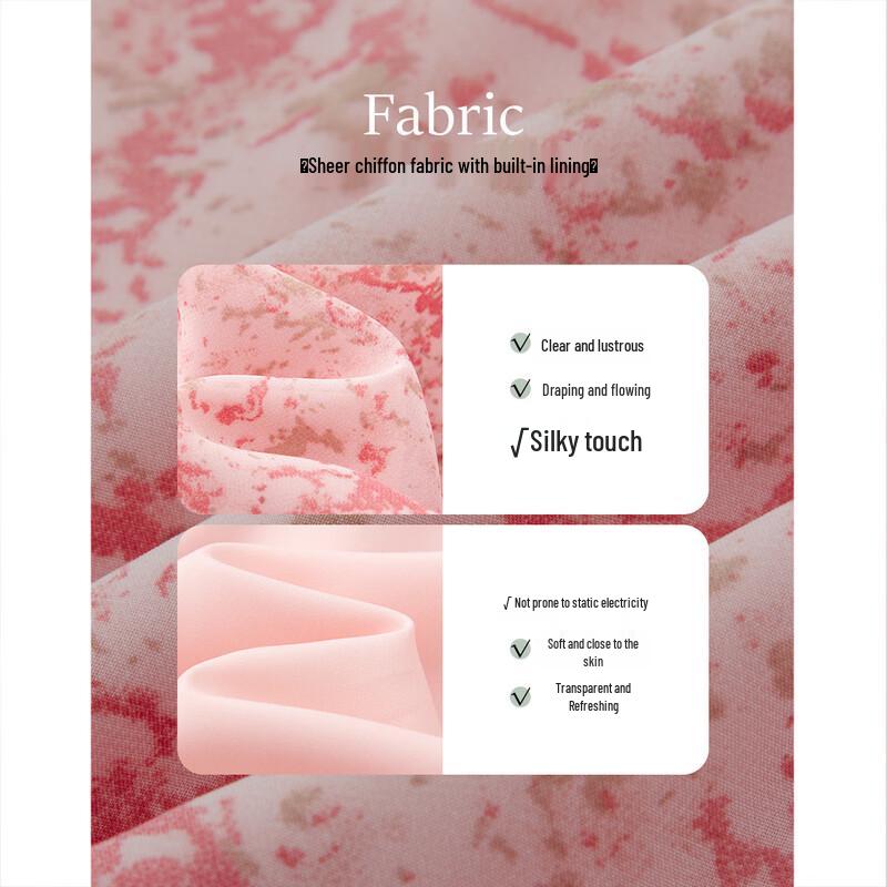 Demana French V-Neck Chiffon Print Puff Sleeve Ruffled Dress