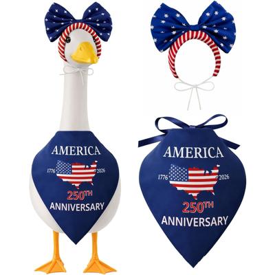 Decorative Garden Goose Outfit Set with Printed Bow Headband and Apron for Outdoor Holiday Display America 250th Anniversary Theme