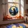 Tiffany Style Light Refraction Halloween Moon Black Cat Suncatcher Jigsaw Puzzle, 2D Acrylic Mystical Feline Window Hanging Puzzle Ornament