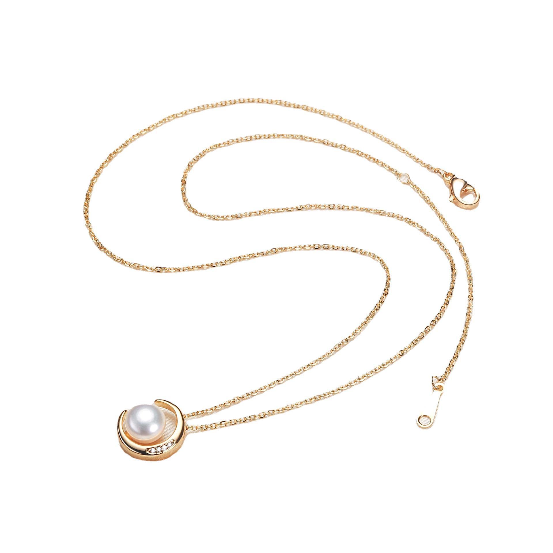 Moon design, white natural pearl, Hanadama-grade natural freshwater pearl, CZ diamond necklace, 7mm pearl, 18K gold pendant, perfect for