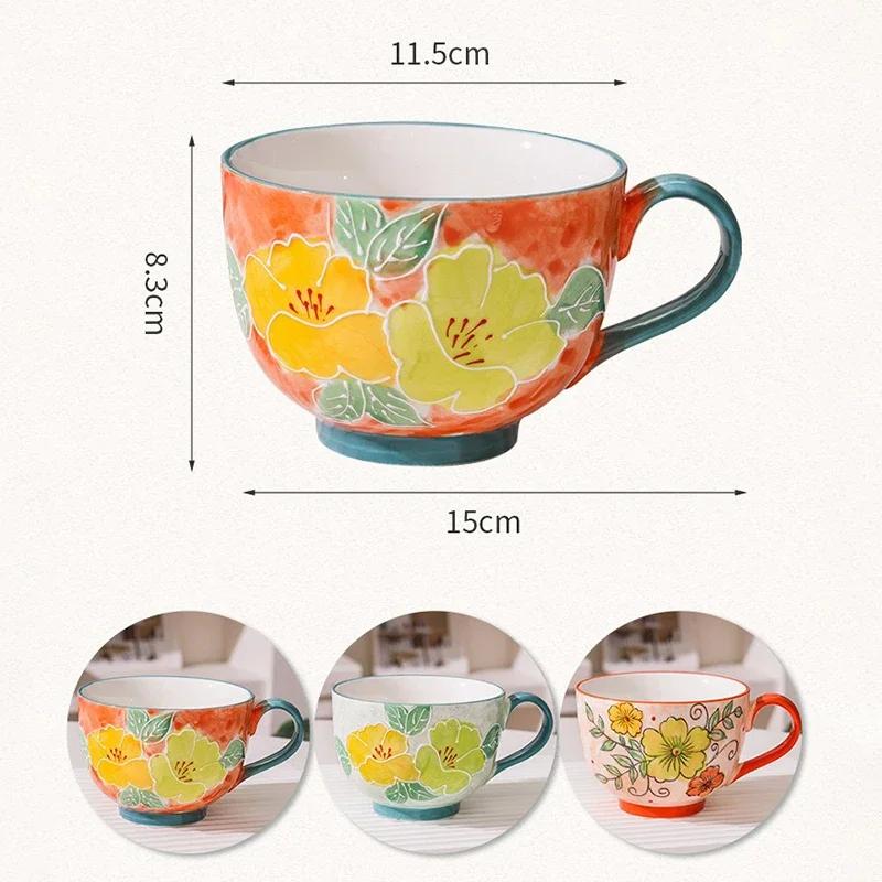 Cani de Cafea Ceramice 500ML Capacitate Mare Relief Pictat Manual Ceașcă de Mic Dejun Lapte Ovăz Cești de Ceai cu Flori Cană Creativă pentru Băut Apă