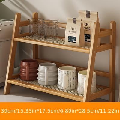 1pc Bamboo Storage Rack - 2-Tier Organizer for Mugs/Plants/Books | Woven Beige Design, Compact for Kitchen/Office/Dorm