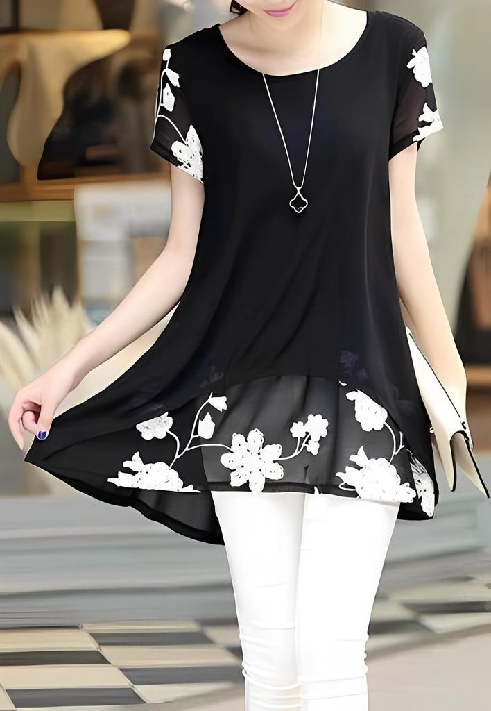 Aspersio Simple Layered Floral Tunic Top with Short Sleeves and Features Tiered Cuff Straight and Round Crew Cut and Sewn Asymmetrical Pullover