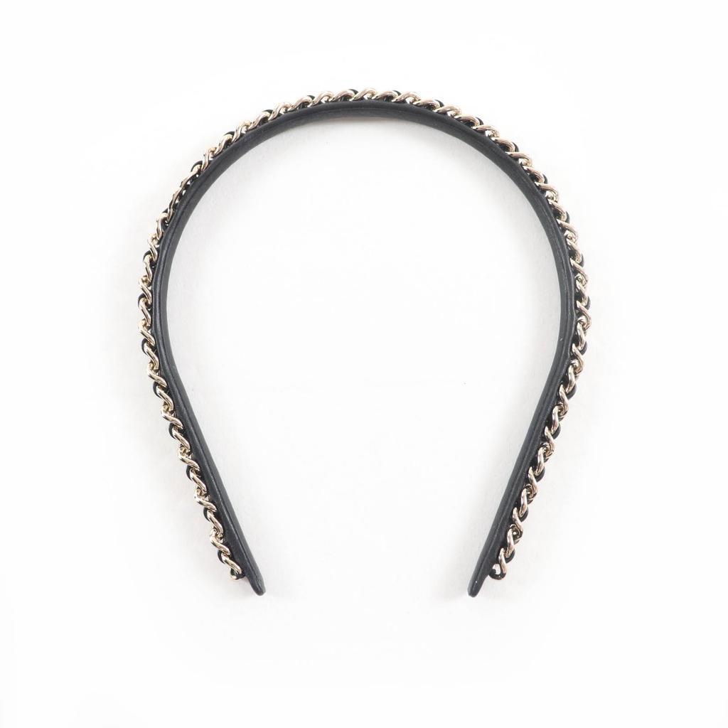 Excellent CHANEL Hair Accessory Black Gold Leather Women B22S Used
