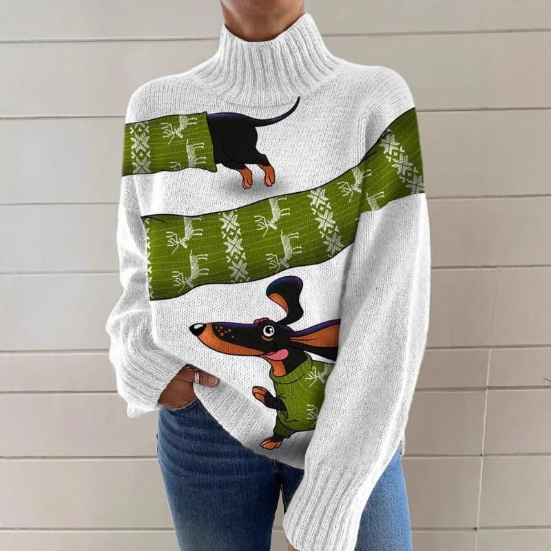 Womens Christmas Print High Neck Sweater Loose Fit Casual Long Sleeve Top