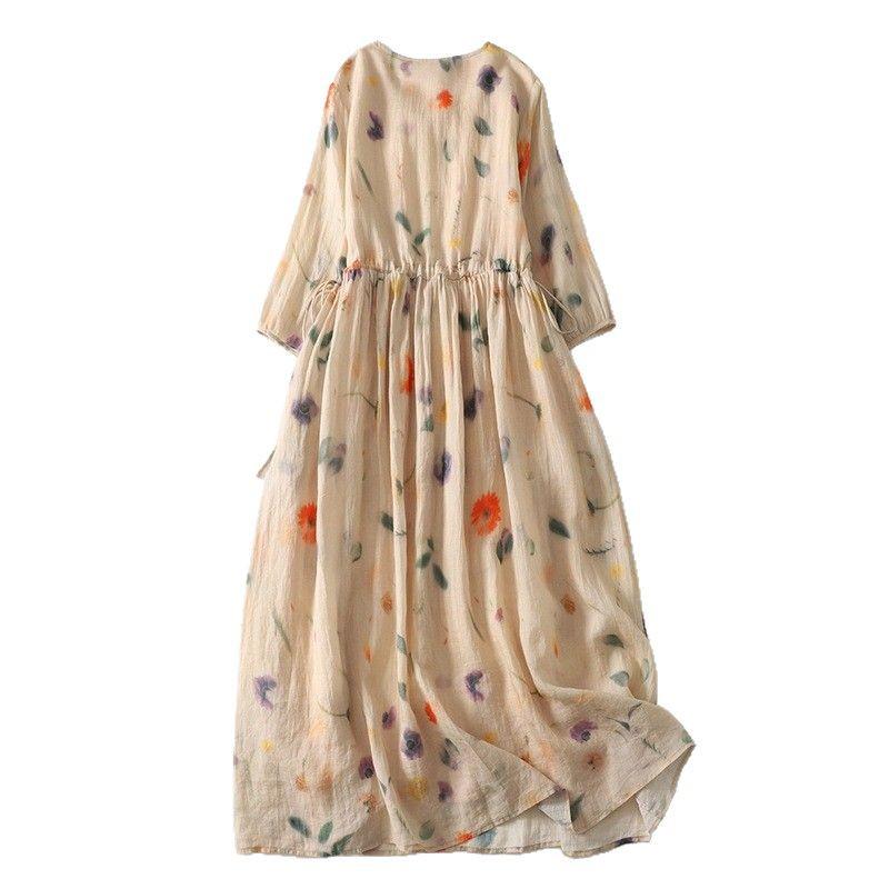 Rochie Midi Imprimată cu Decolteu în V din Bumbac și In - Stil Casual, Larg și Subțietor, Colecția Primăvară/Vară 2025