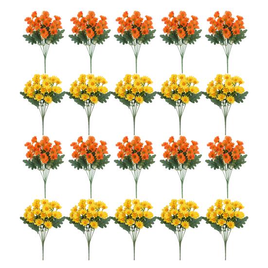 20Pcs Artificial Chrysanthemum 20 Head UV Resistant Fake Silk Flower with Green Leaves Autumn Indoor Outdoor Garden Table Centerpiece Faux Bloom