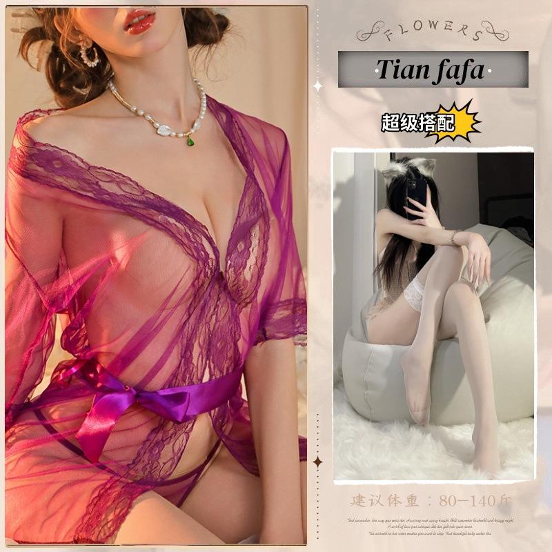 Sex lingerie sexy transparent tulle seduction nightgown lace sexy pajamas shawl mesh bathrobe uniform set