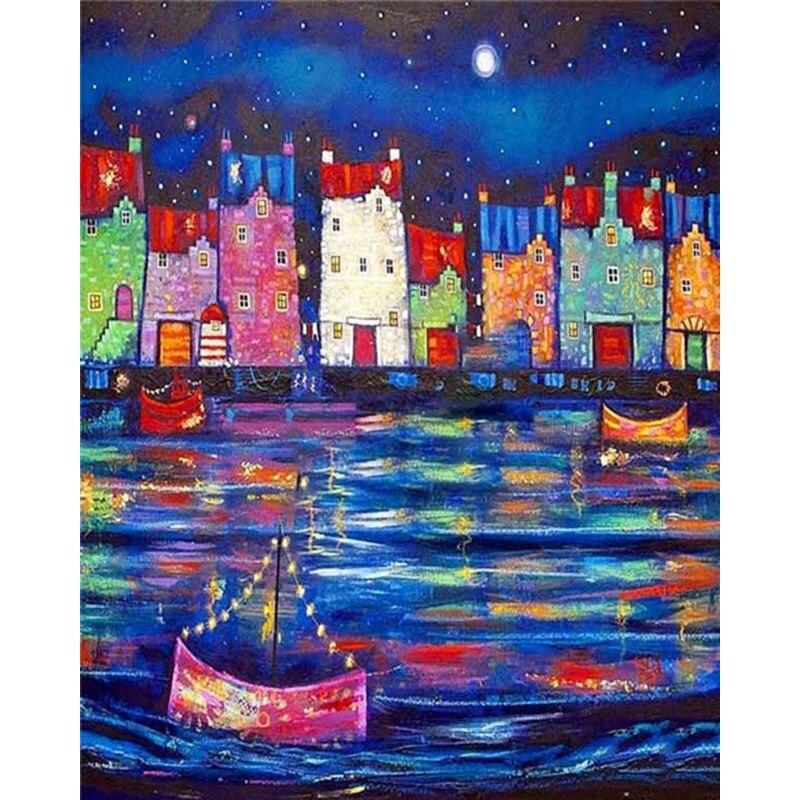 Malowanie diamentowe Różowy kwiat Pełne okrągłe diamentowe haftowanie Kolorowy dom Krajobraz Haft krzyżykowy Dekoracja domu