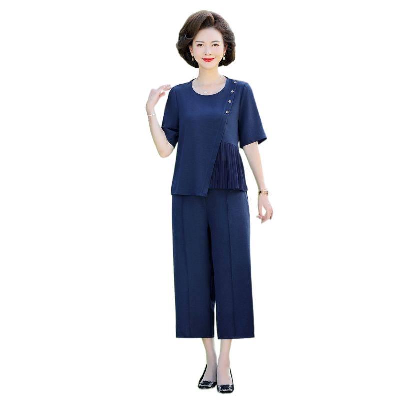Stylish Chiffon Two-piece Suit for Middle-aged Women - Loose Short-sleeved Summer Set