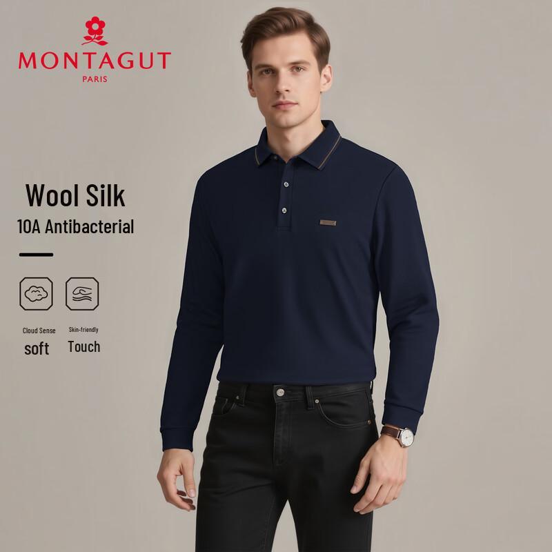 MONTAGUT Men's Merino Wool Silk Blend Long Sleeve Polo