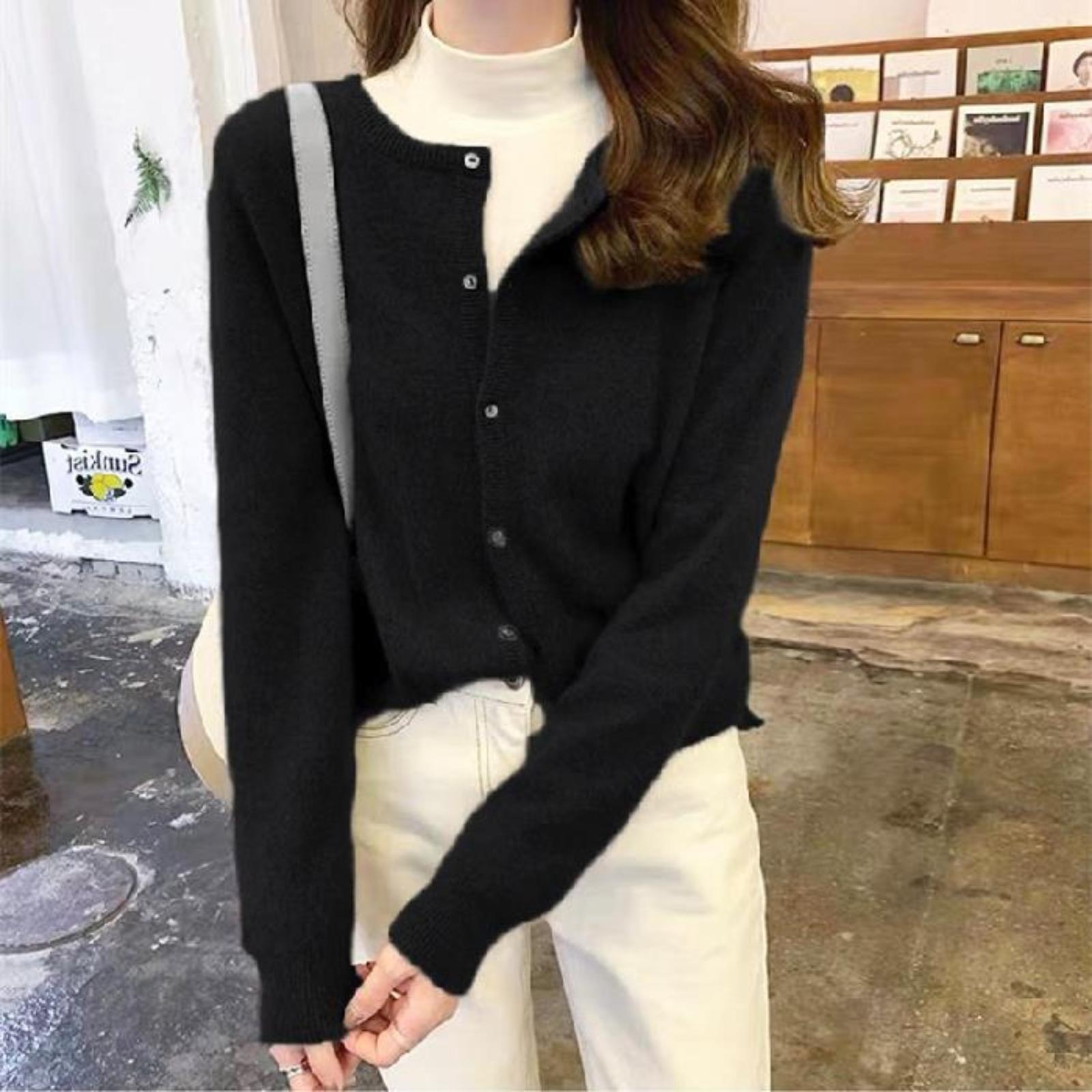 

Women s Fashion -Color Fall,Winter Neck Cardigan Knit Sweater Loose-Fit Versatile Long-Sleeve Base Layer Sweater One Size чорний