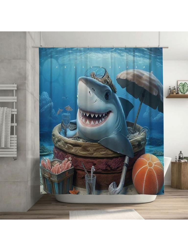 Fun Shark with Umbrella Waterproof Shower Curtain Heat Resistant Machine Washable Non-Transparent 180x180cm