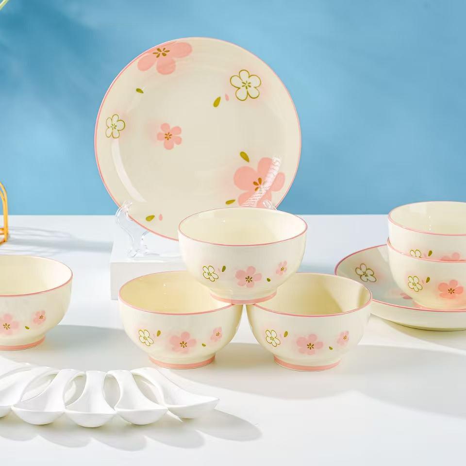 Cherry Blossom Ceramic Tableware: Japanese Bowl & Plate Gift Set