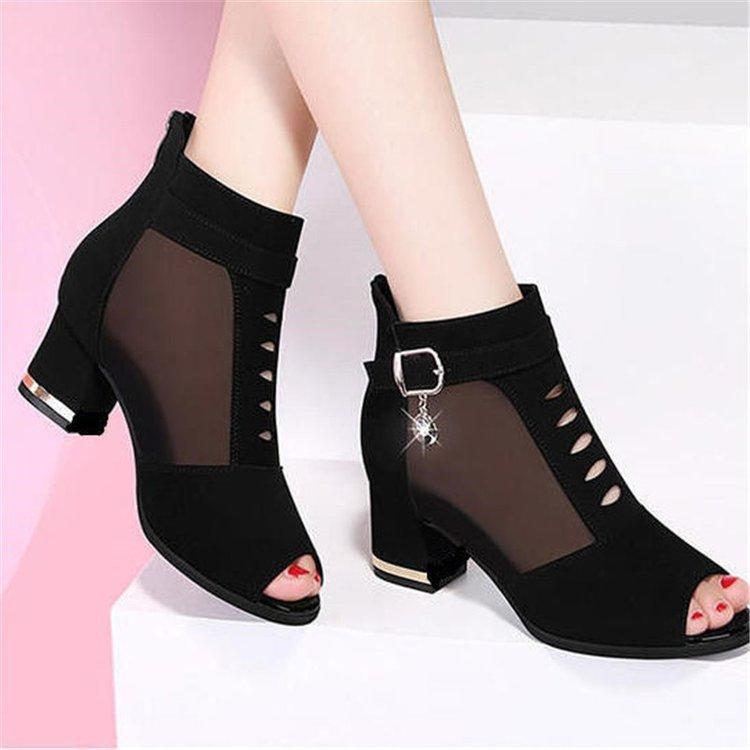 Fish Mouth Mesh Sandals Women's Thick Heel Medium Heel Fashion High Heels 2025 Spring and Summer Hollowed Out New Versatile Women's Cool Boots