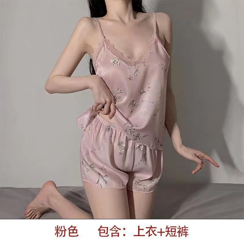 Large size summer ice silk V-neck lace suspender shorts thin girl small chest sexy loungewear