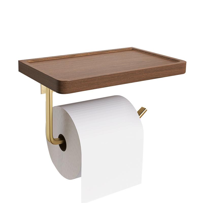 Wood Bathroom Paper Towel Holder Brushed Gold Toilet Paper Roll Holder Wall-mounted Cell Phone Shelving Toilet Paper Box