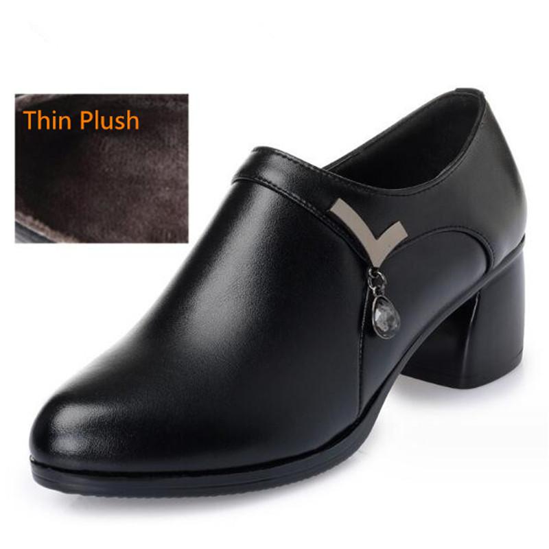 Genuine Leather Block Heel Deep Mouth Pumps Women Shoes Spring Autumn Female High Heels Shoes Ladies Office Party Shoes