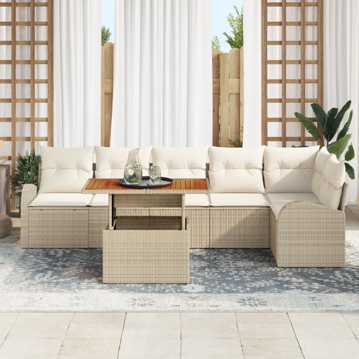 VidaXL Ensemble de salle à manger de jardin 7 pièces avec coussins beige poly rattan acacia 3349595