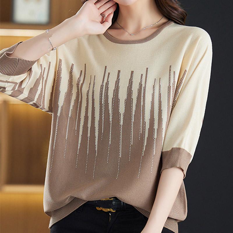 

Женские свитера, пуловеры 2025 Лето О-образный вырез Полосатый вязаный свитер Женские топы, пуловер JJ136 One Size кофейный