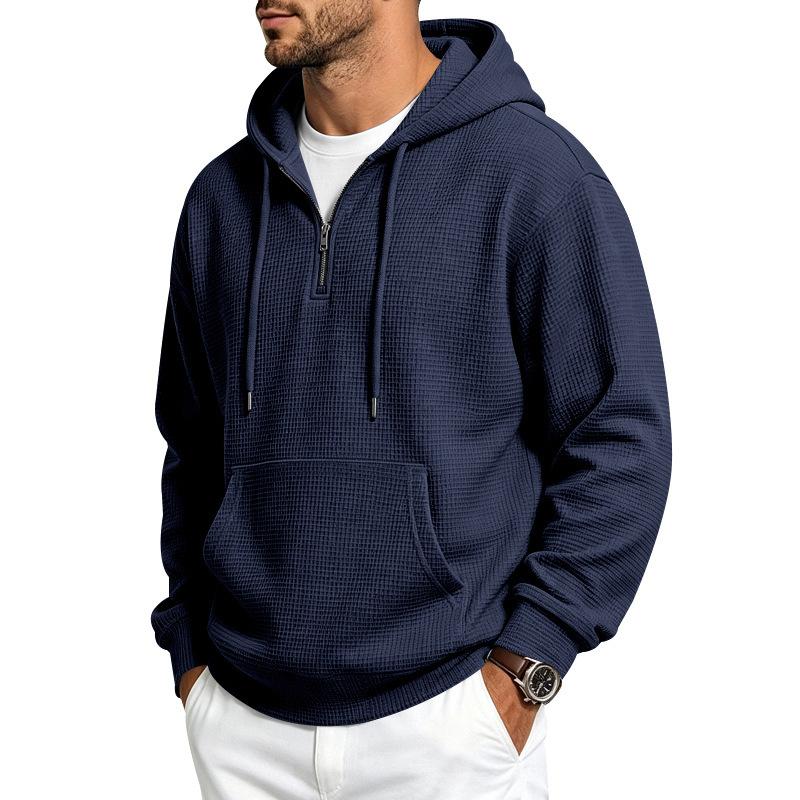 Men’s New Autumn/Winter Casual and Stylish Waffle-Weave Half-Zip Long-Sleeved Hooded Sweatshirt