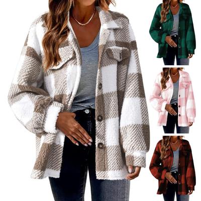 Fall Winter Women Jacket with Fake Pockets Contrast Color Plaid Print Plus Size Turn-down Collar Single-breasted Long Sleeve Cardigan Plush Coat