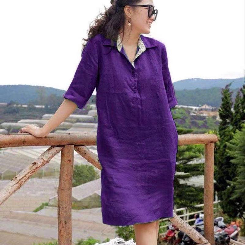 Spring/Summer V-Neck Loose Midi Dress for Middle-Aged Women