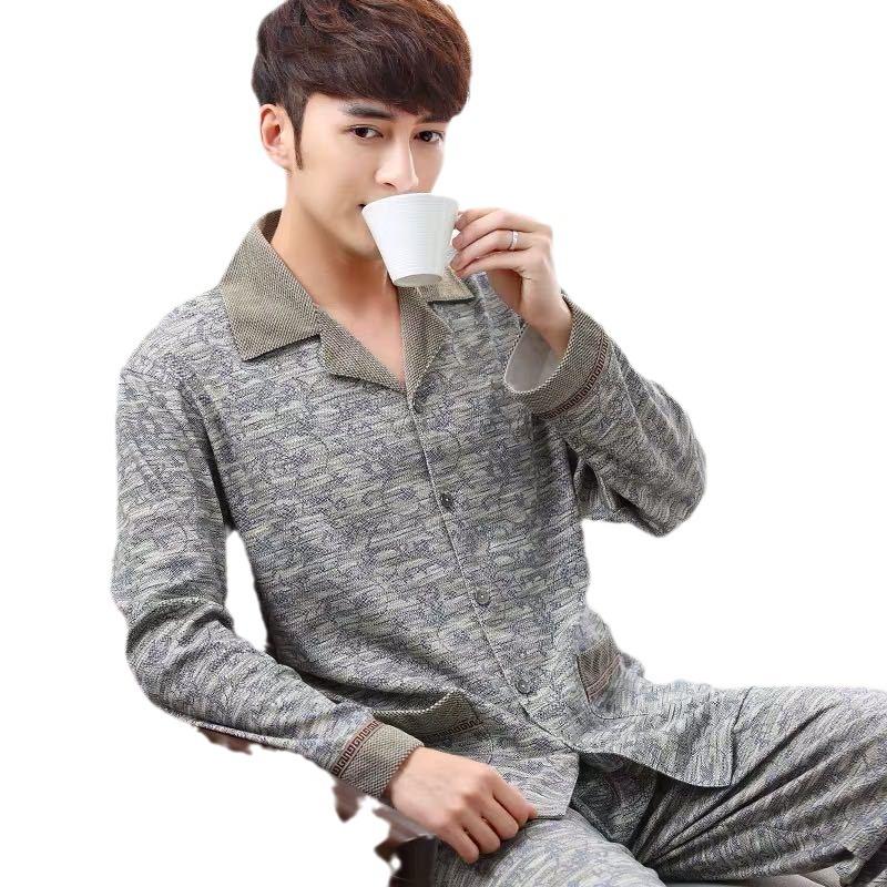 Men's Pajamas 100% Cotton Spring and Autumn Cotton Youth Winter Loungewear Long-sleeved Pajamas Set