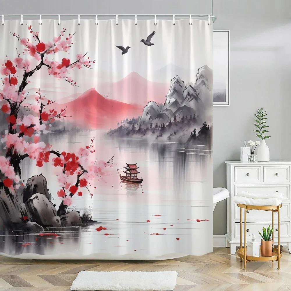 Chinese Landscape Landscape painting Shower Curtain Ink Painting Landscape Polyester Fabric Washable Bath Curtain Bathroom Decor