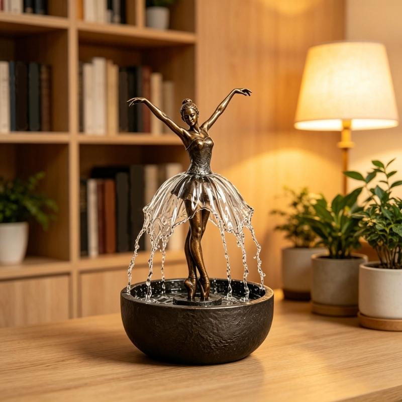 Indoor Water Accent Statue with Dancer Figure and Bowl Design for Bedroom Office Shelf Reading Area Side Table and Window Placement
