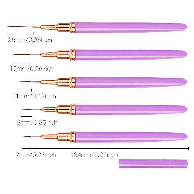 Japanese Ultra-Fine Nail Art Brush Set: 5-Piece Liner Brushes for Color Painting and Flower Designs with Gel Nail Precision.
