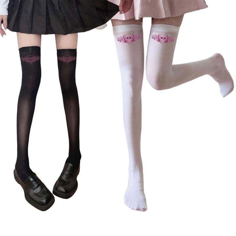 Halloween Skull Print Stockings for Women Girl Silk Leggings Tights Sock Cosplay Costume Over Knee Thigh High Long Socks
