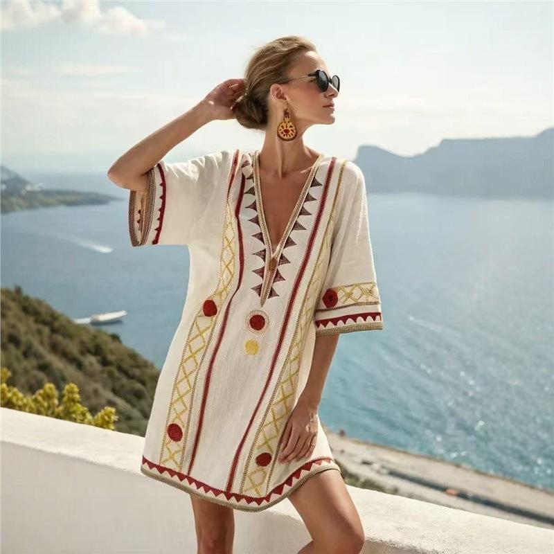 New Seaside Vacation Dress Bohemian D Print Loose V-neck Short-sleeved Beach Blouse