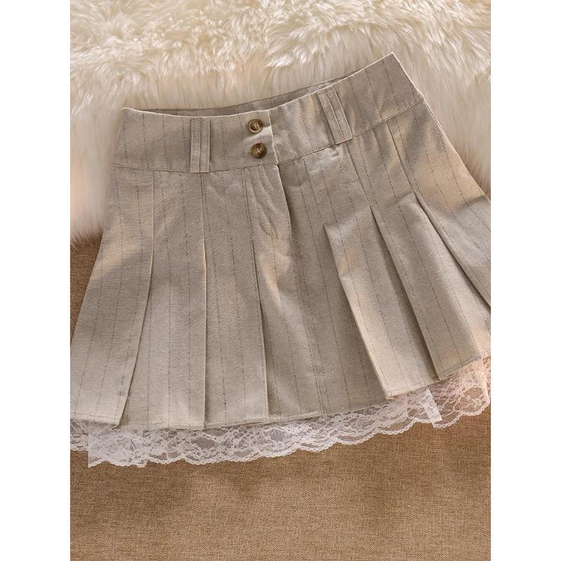

2024 Корейская мода короткая юбка цвета хаки с кружевной отделкой, милые плиссированные юбки, женская летняя мини-юбка на пуговицах в консервативном стиле с высокой талией XL бежевый
