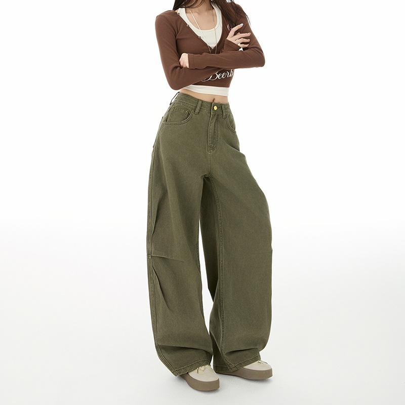 American Retro Military Green Tooling Scimitar Jeans Women's Autumn and Winter New Relaxed High-waisted Loose Wide-leg Pants