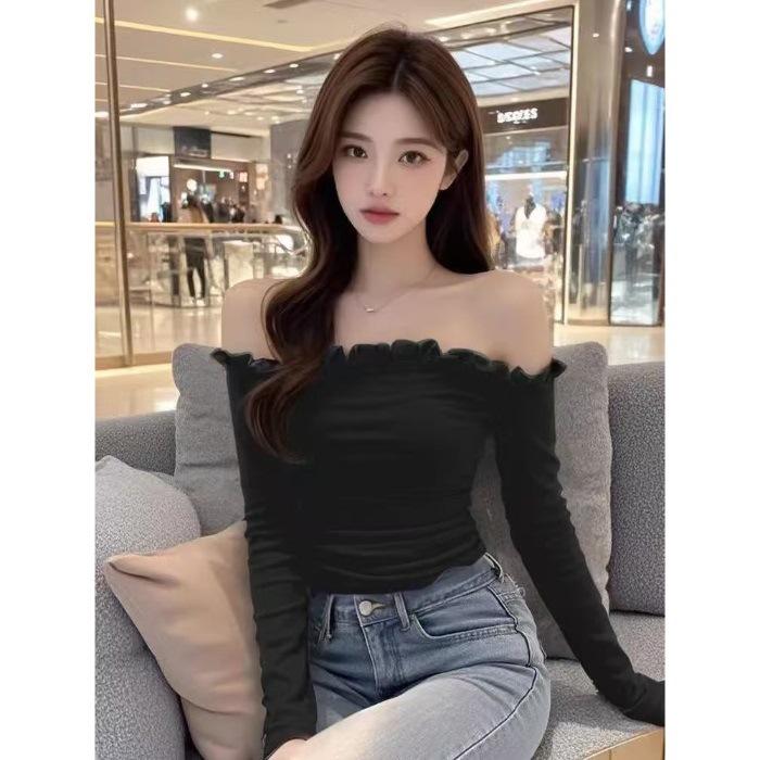 French one-word shoulder short long-sleeved top T-shirt, Spice Girl slim-fitting and thin autumn and winter bottoming shirt