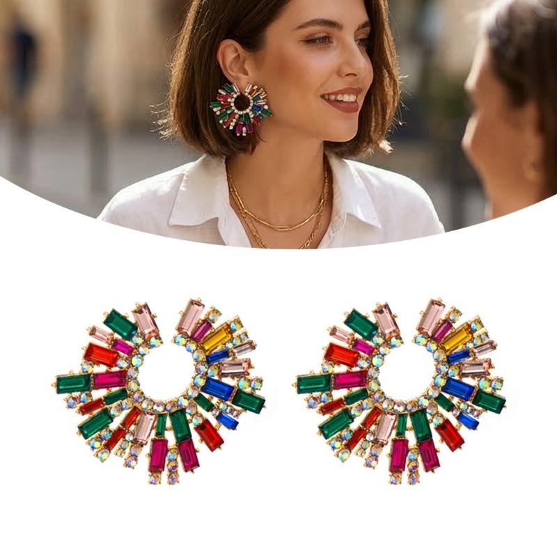 Elegant Alloy Sunflower Earrings With Colorful Rhinestones For Women Party Wedding Daily Wear