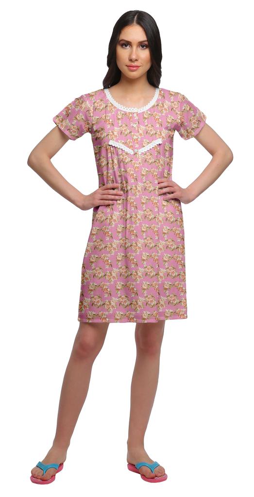 Moomaya Cotton Lace Neckline Sleepwear For Women Button Placket Nightdress