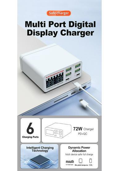 6-Port USB Fast Charger with Digital Display for Phones, Tablets, and Laptops